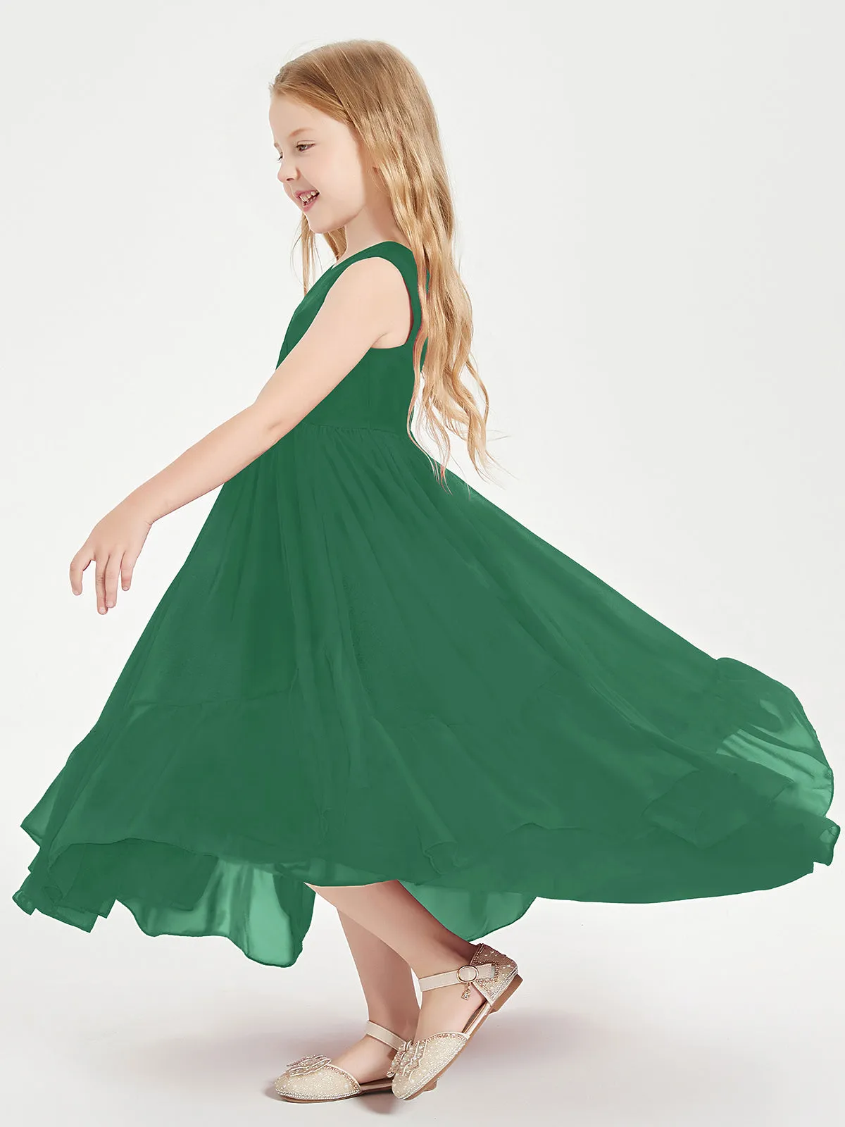 Boho Junior Bridesmaid Dresses Cascading Skirt Dark Green