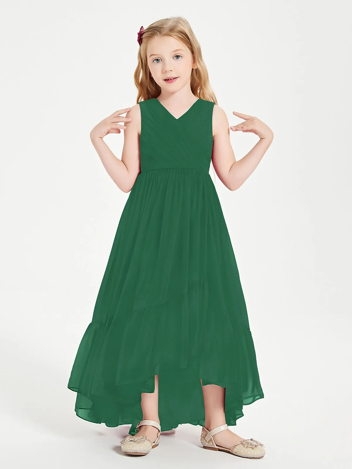 Boho Junior Bridesmaid Dresses Cascading Skirt Dark Green