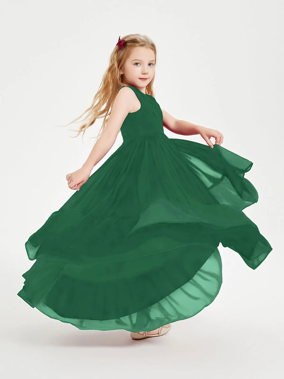 Boho Junior Bridesmaid Dresses Cascading Skirt Dark Green