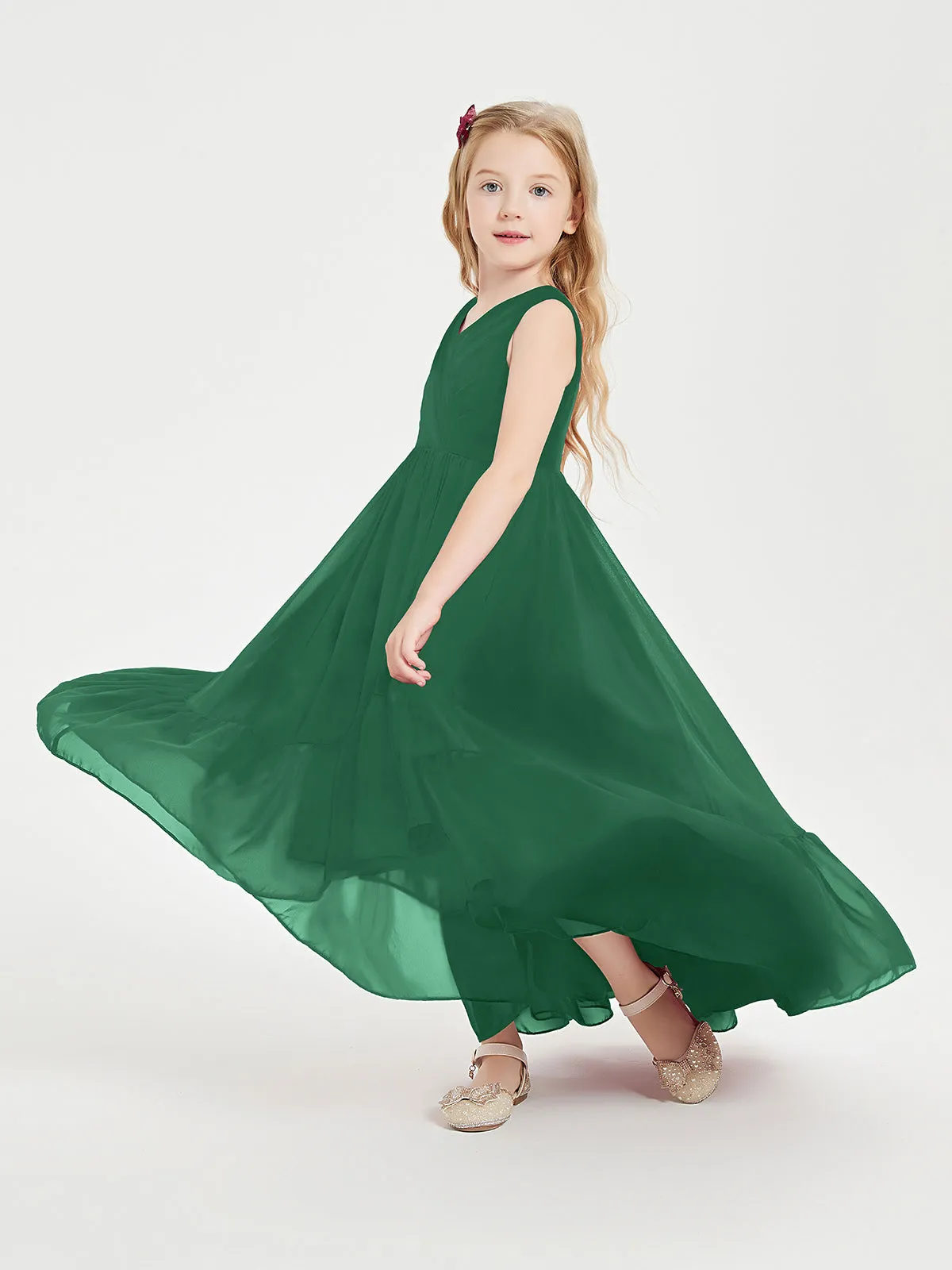 Boho Junior Bridesmaid Dresses Cascading Skirt Dark Green