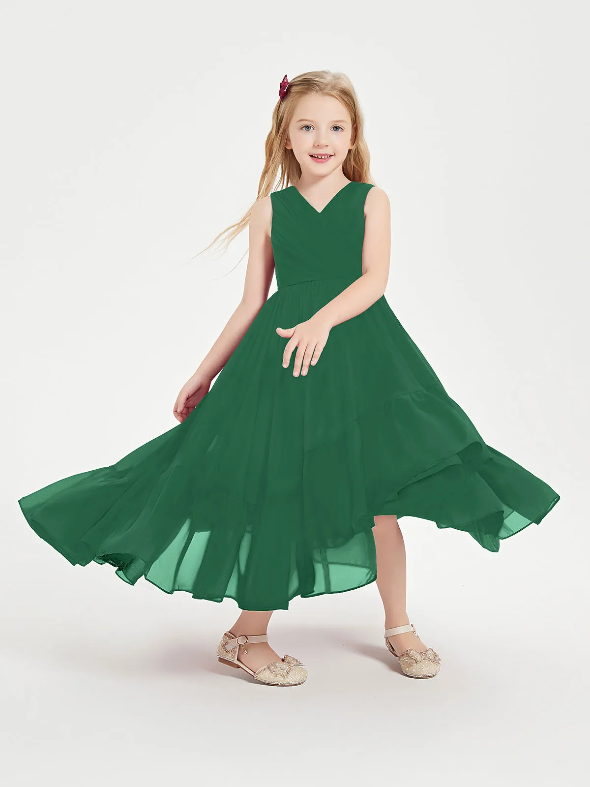 Boho Junior Bridesmaid Dresses Cascading Skirt Dark Green