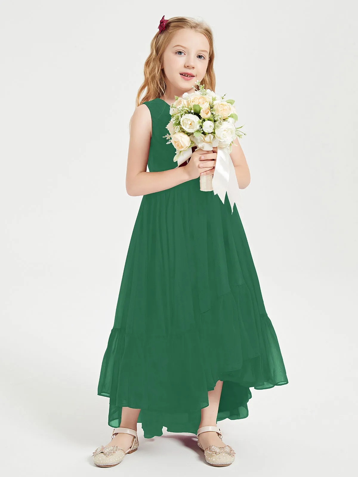 Boho Junior Bridesmaid Dresses Cascading Skirt Dark Green