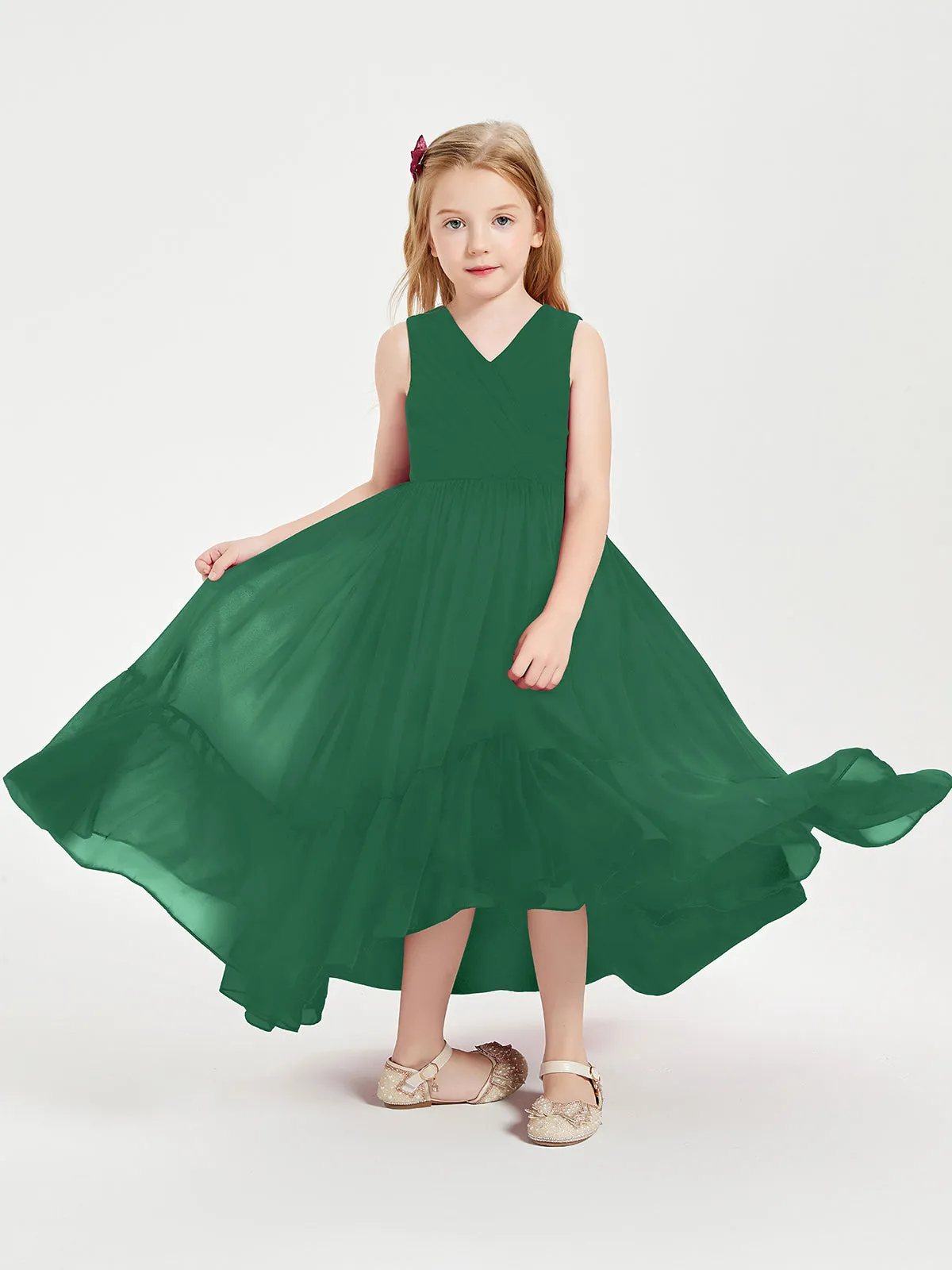 Boho Junior Bridesmaid Dresses Cascading Skirt Dark Green