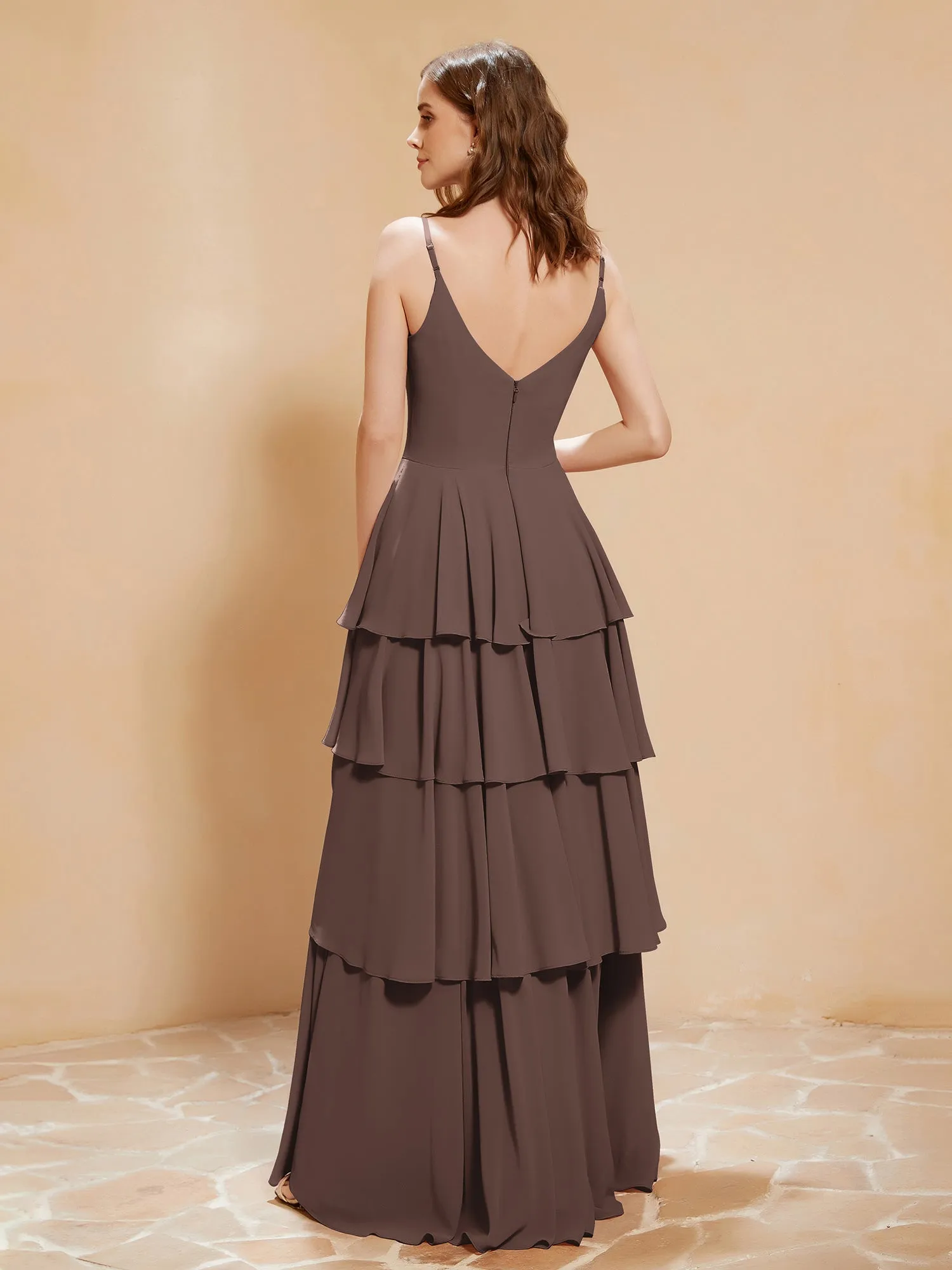 Boho V-neck Floor-length Dress Flowy Ruffles Chocolate Plus Size