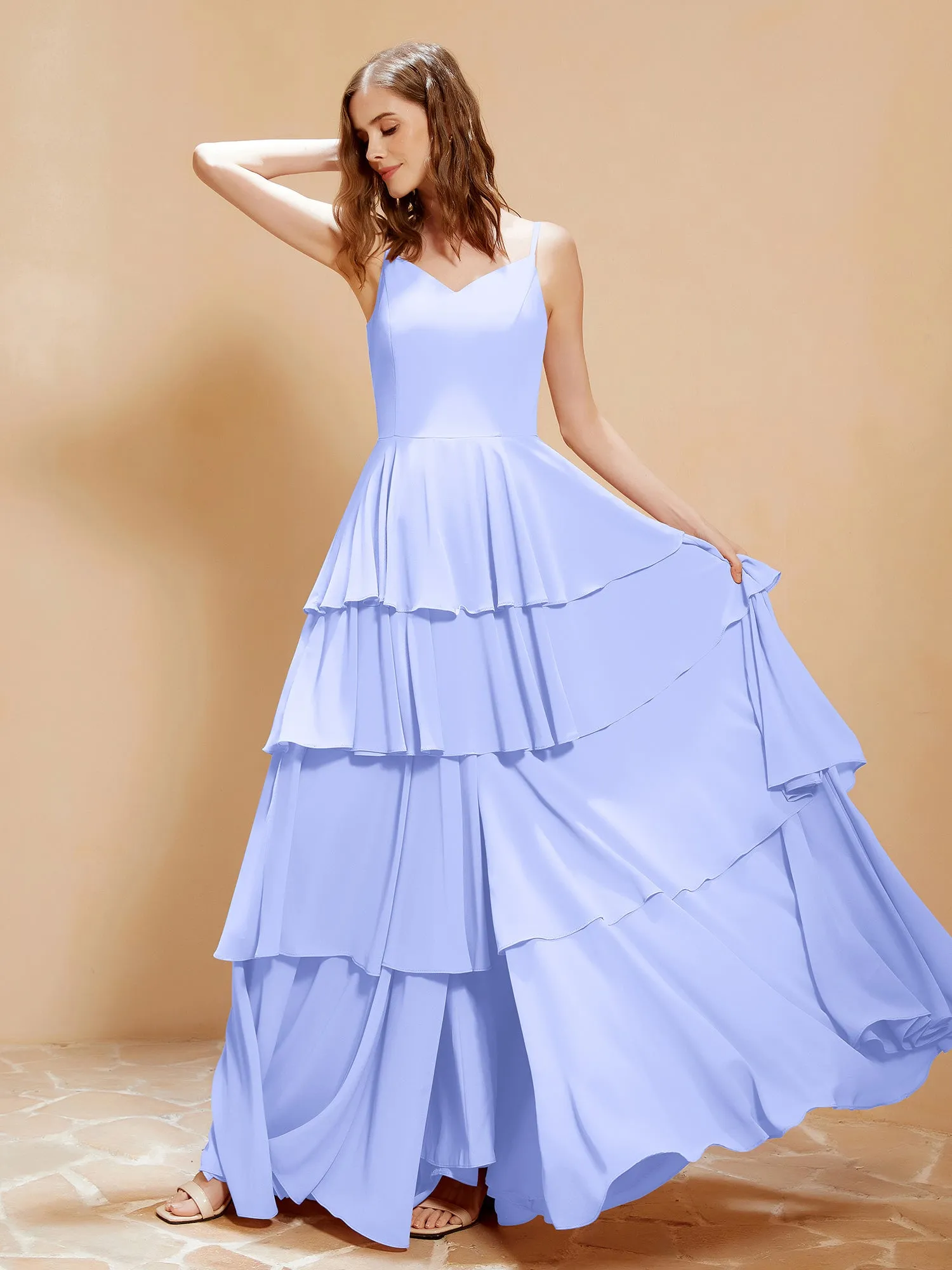 Boho V-neck Floor-length Dress Flowy Ruffles Lavender Plus Size