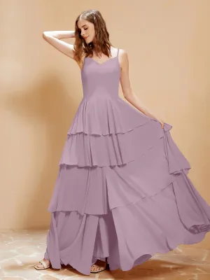 Boho V-neck Floor-length Dress Flowy Ruffles Vintage Mauve