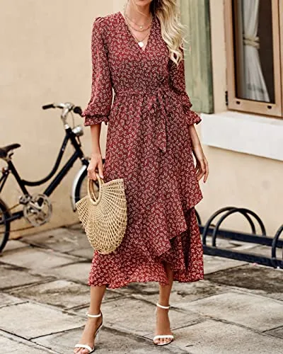 BTFBM Women Long Sleeve Wrap Dress V Neck Boho Floral High Waist Flowy Ruffle 2023 Spring Summer Maxi Dresses with Belt(Floral Wine Red White, X-Large)