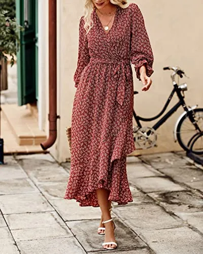 BTFBM Women Long Sleeve Wrap Dress V Neck Boho Floral High Waist Flowy Ruffle 2023 Spring Summer Maxi Dresses with Belt(Floral Wine Red White, X-Large)