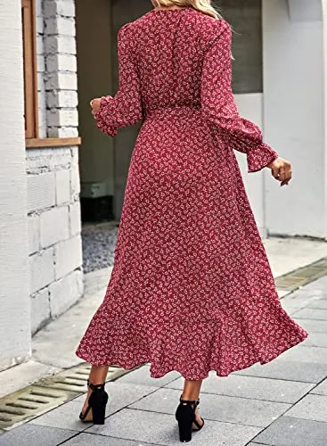 BTFBM Women Long Sleeve Wrap Dress V Neck Boho Floral High Waist Flowy Ruffle 2023 Spring Summer Maxi Dresses with Belt(Floral Wine Red White, X-Large)