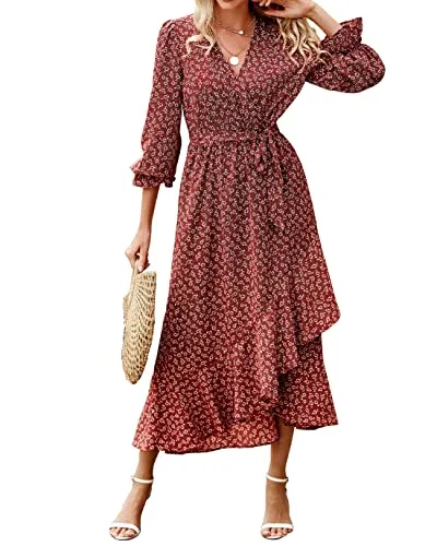 BTFBM Women Long Sleeve Wrap Dress V Neck Boho Floral High Waist Flowy Ruffle 2023 Spring Summer Maxi Dresses with Belt(Floral Wine Red White, X-Large)