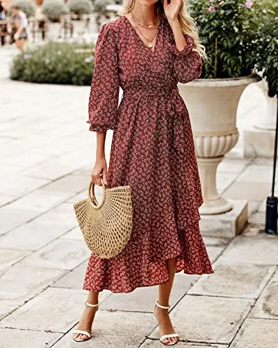 BTFBM Women Long Sleeve Wrap Dress V Neck Boho Floral High Waist Flowy Ruffle 2023 Spring Summer Maxi Dresses with Belt(Floral Wine Red White, X-Large)