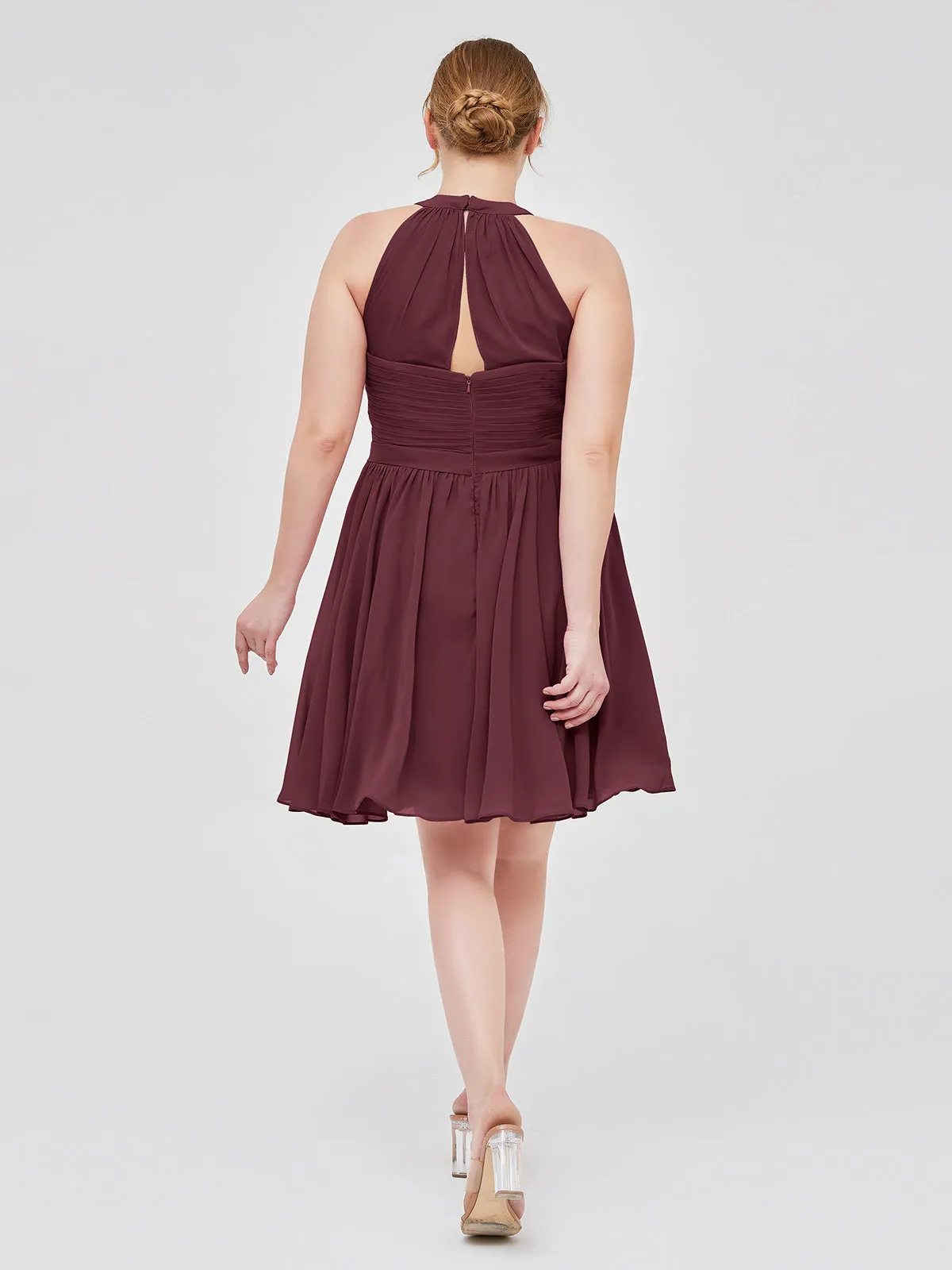 Chiffon Halter Short Bridesmaid Dresses Cabernet