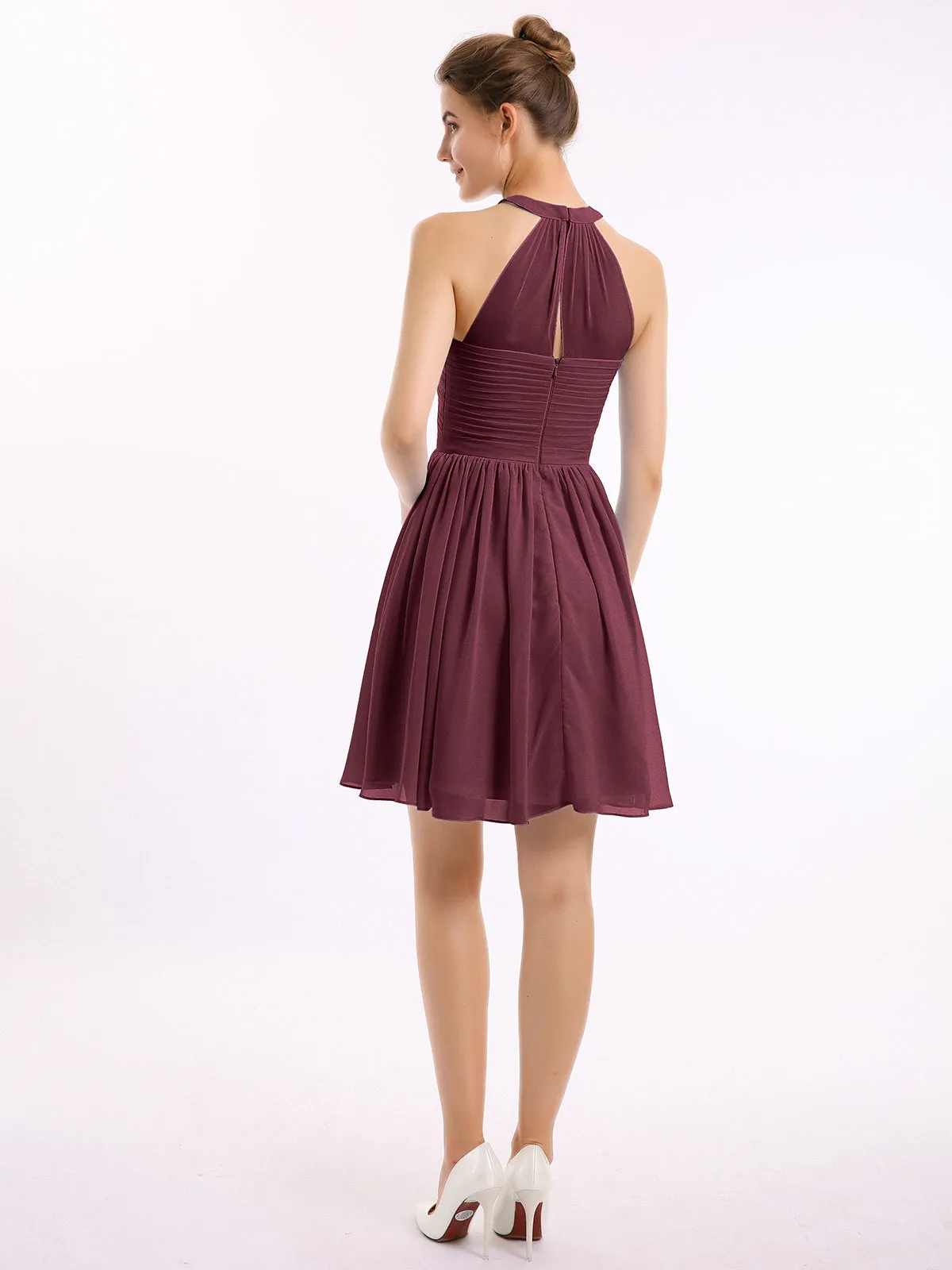 Chiffon Halter Short Bridesmaid Dresses Cabernet