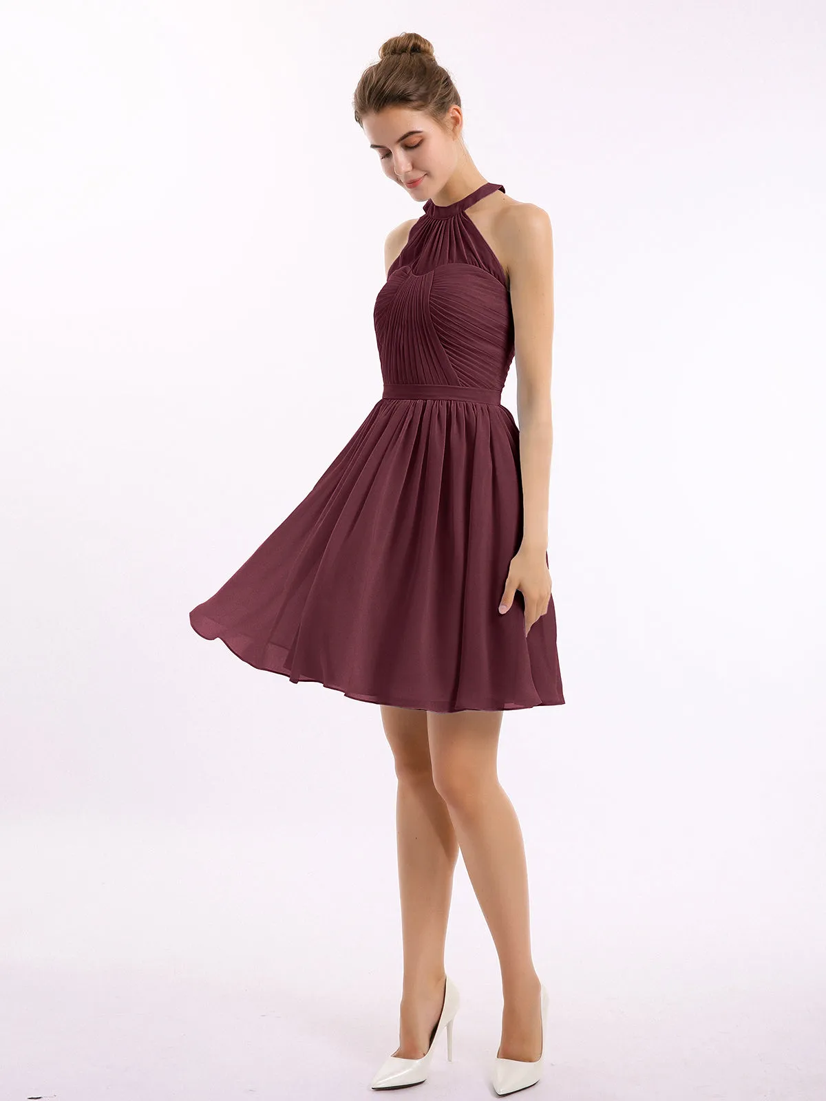 Chiffon Halter Short Bridesmaid Dresses Cabernet