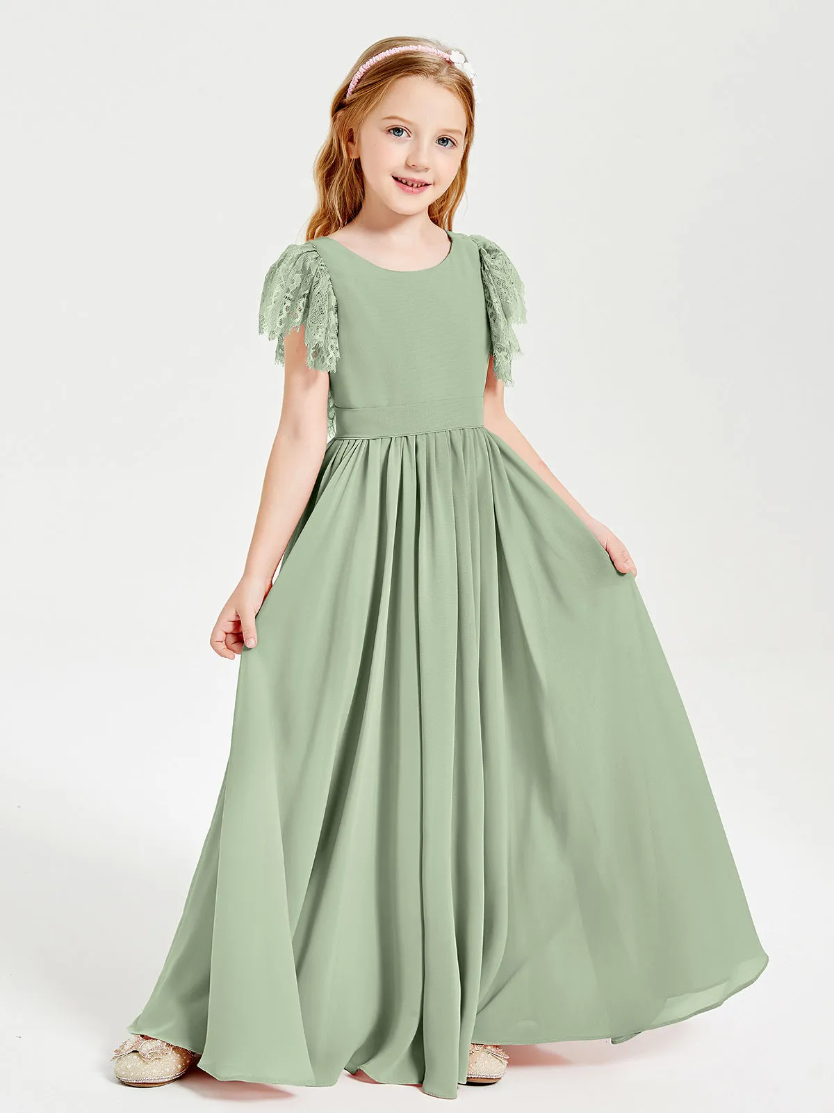 Chiffon Junior Bridesmaid Dresses Lace Flutter Sleeves Scoop Neck Dusty Sage