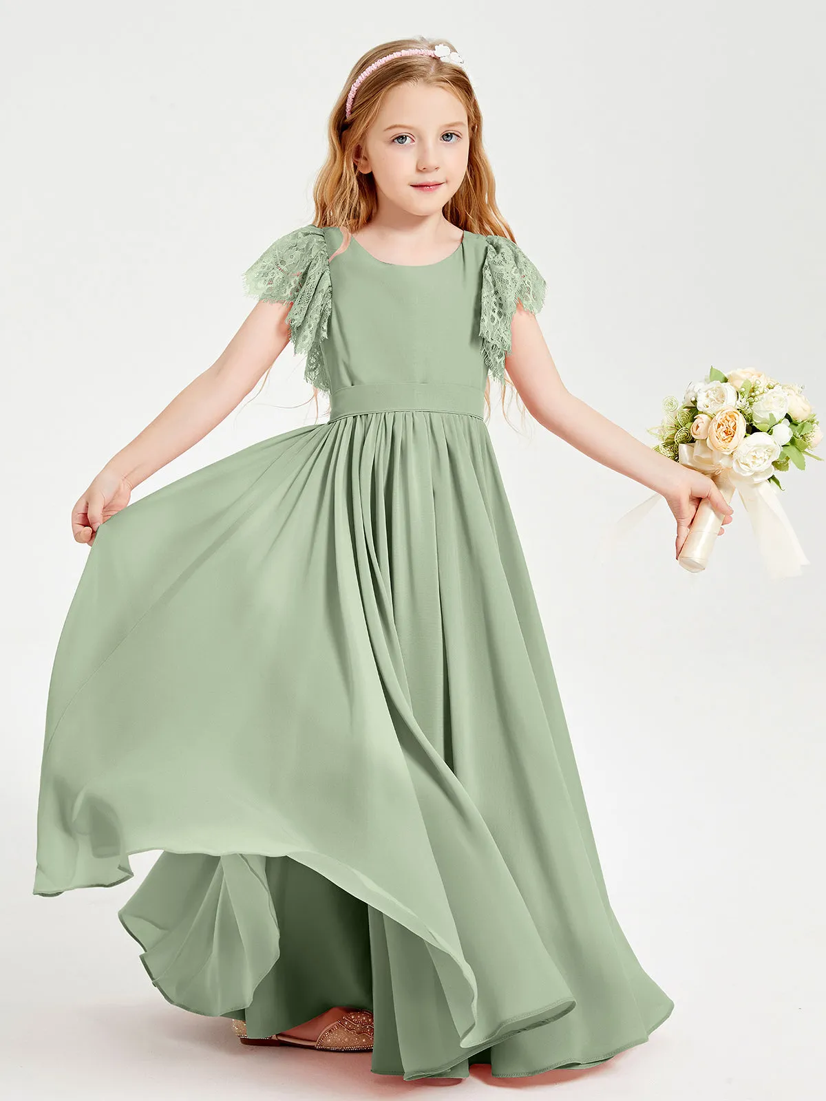 Chiffon Junior Bridesmaid Dresses Lace Flutter Sleeves Scoop Neck Dusty Sage