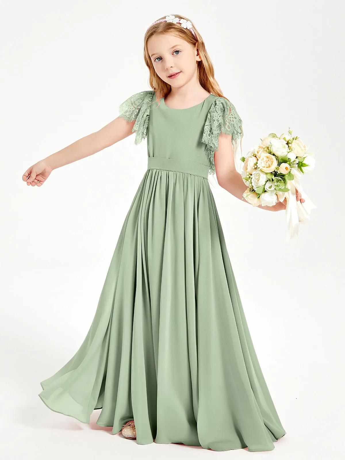 Chiffon Junior Bridesmaid Dresses Lace Flutter Sleeves Scoop Neck Dusty Sage