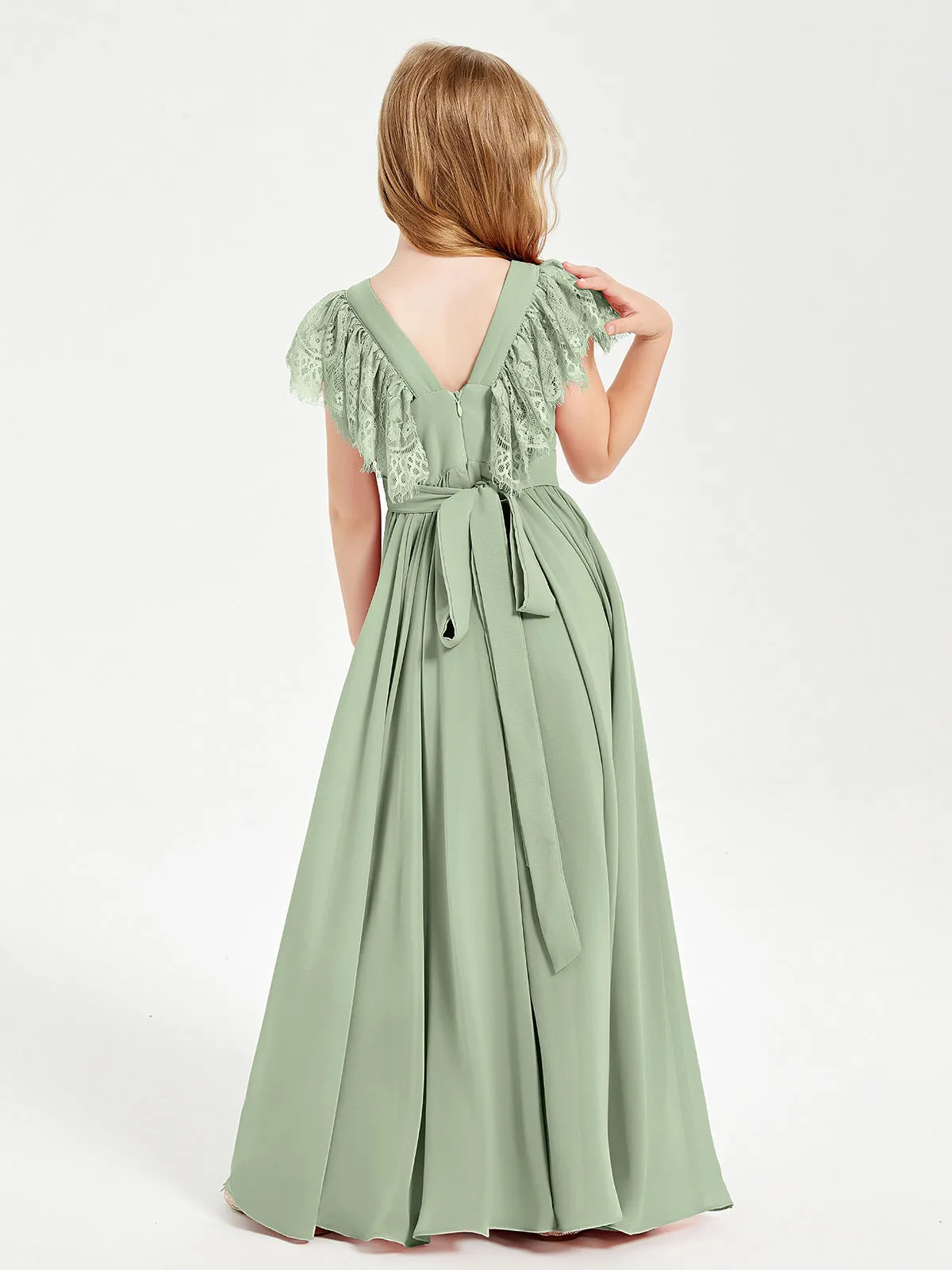 Chiffon Junior Bridesmaid Dresses Lace Flutter Sleeves Scoop Neck Dusty Sage