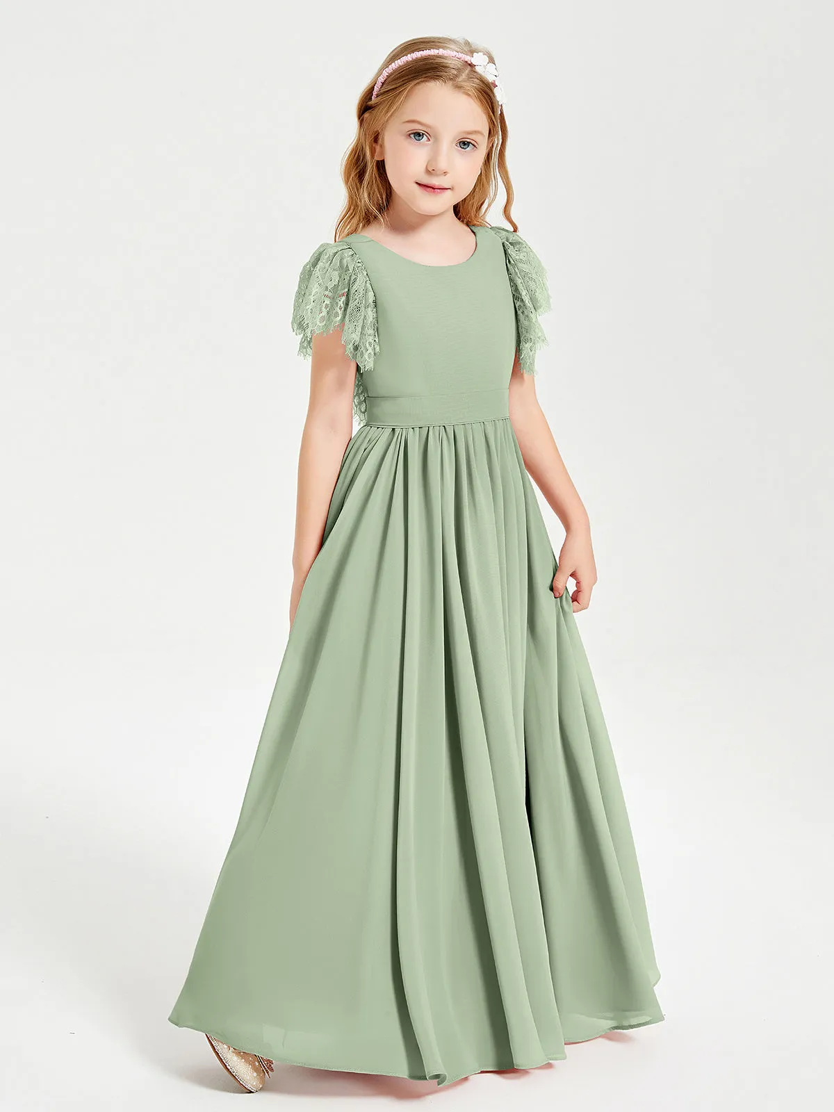 Chiffon Junior Bridesmaid Dresses Lace Flutter Sleeves Scoop Neck Dusty Sage