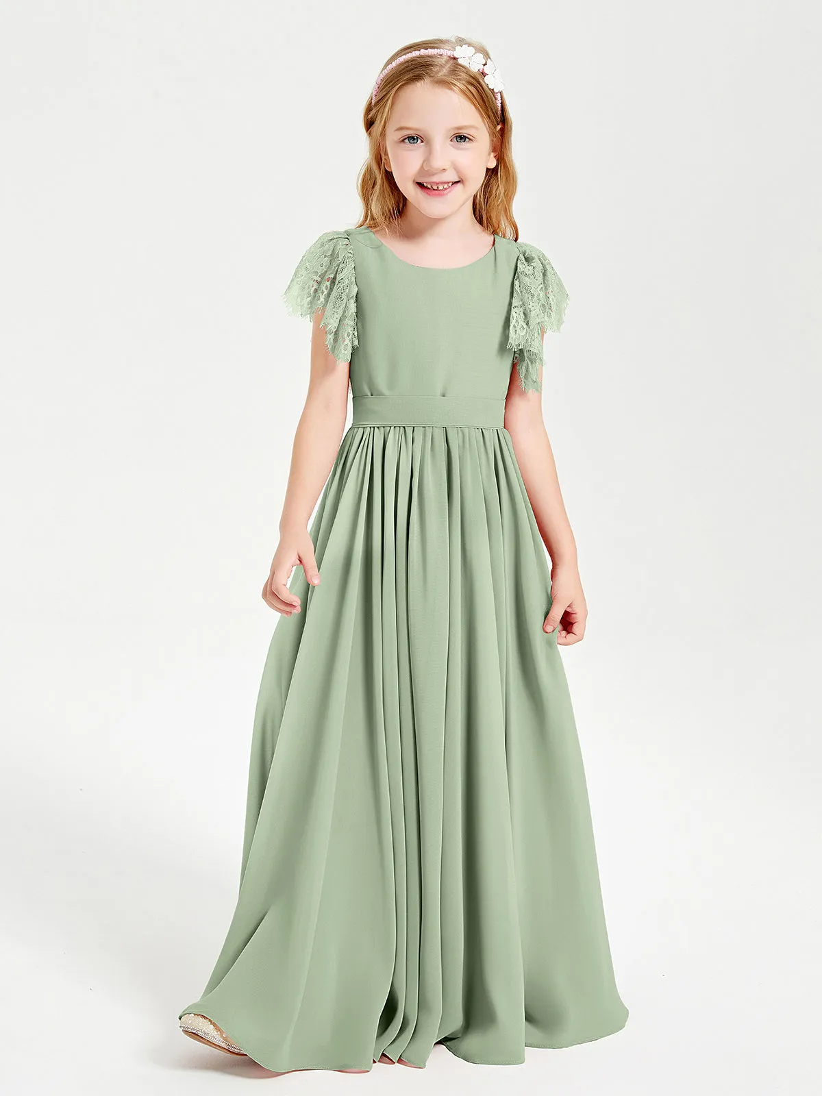 Chiffon Junior Bridesmaid Dresses Lace Flutter Sleeves Scoop Neck Dusty Sage