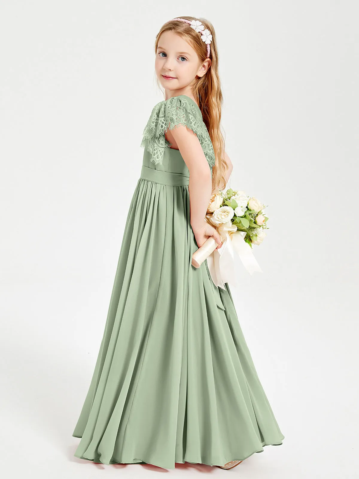 Chiffon Junior Bridesmaid Dresses Lace Flutter Sleeves Scoop Neck Dusty Sage