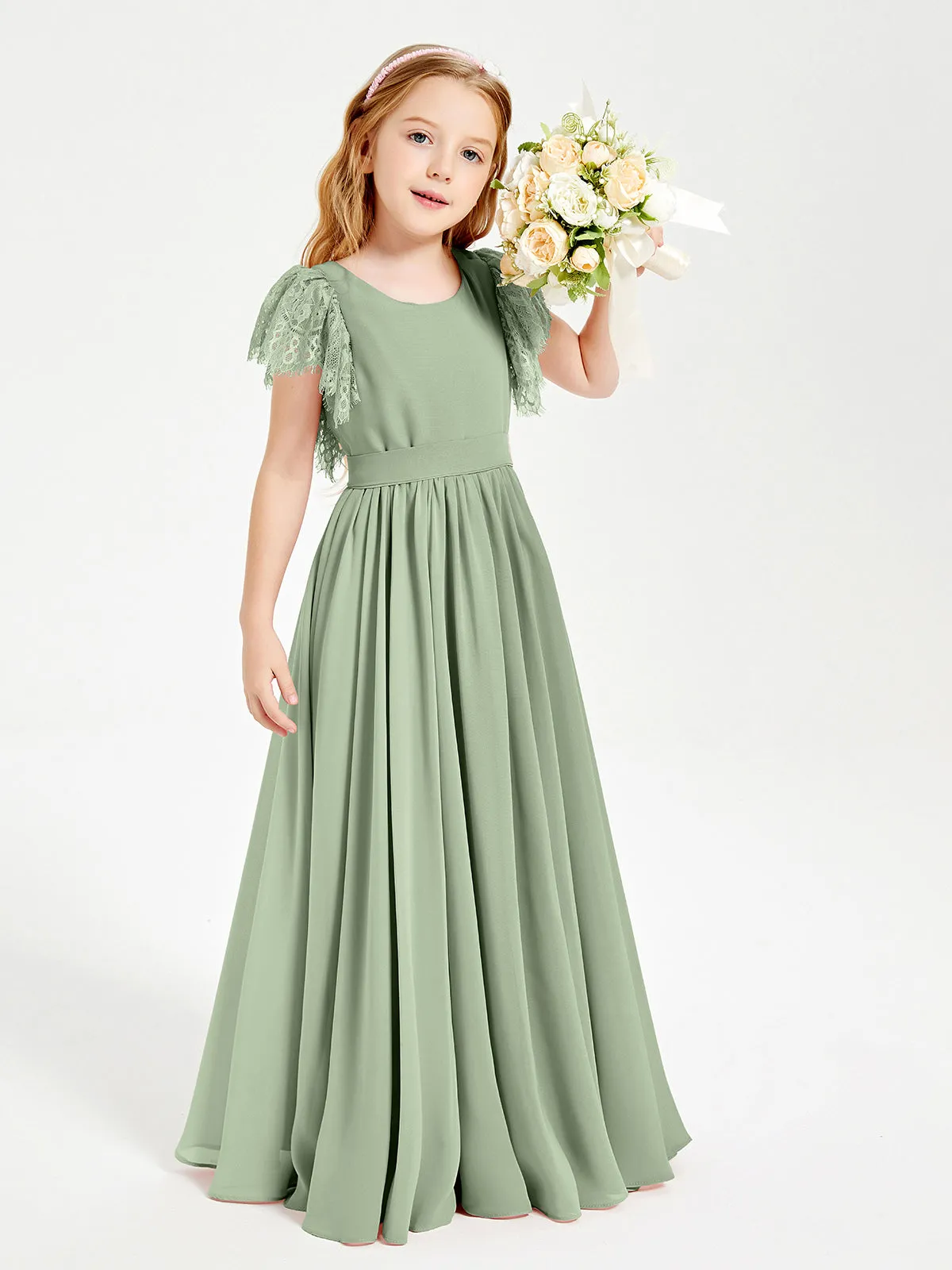 Chiffon Junior Bridesmaid Dresses Lace Flutter Sleeves Scoop Neck Dusty Sage