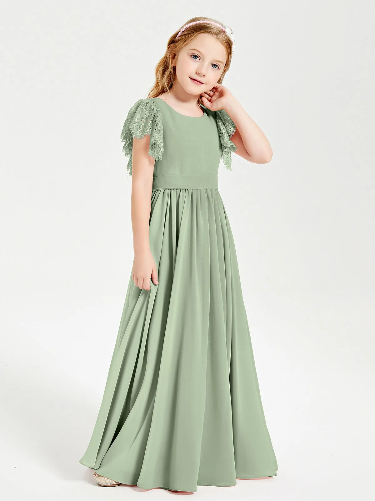 Chiffon Junior Bridesmaid Dresses Lace Flutter Sleeves Scoop Neck Dusty Sage