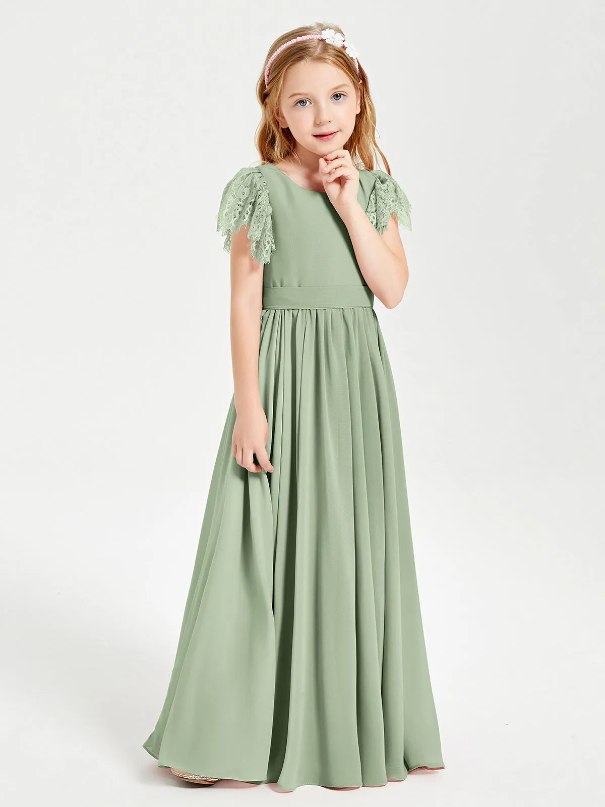 Chiffon Junior Bridesmaid Dresses Lace Flutter Sleeves Scoop Neck Dusty Sage