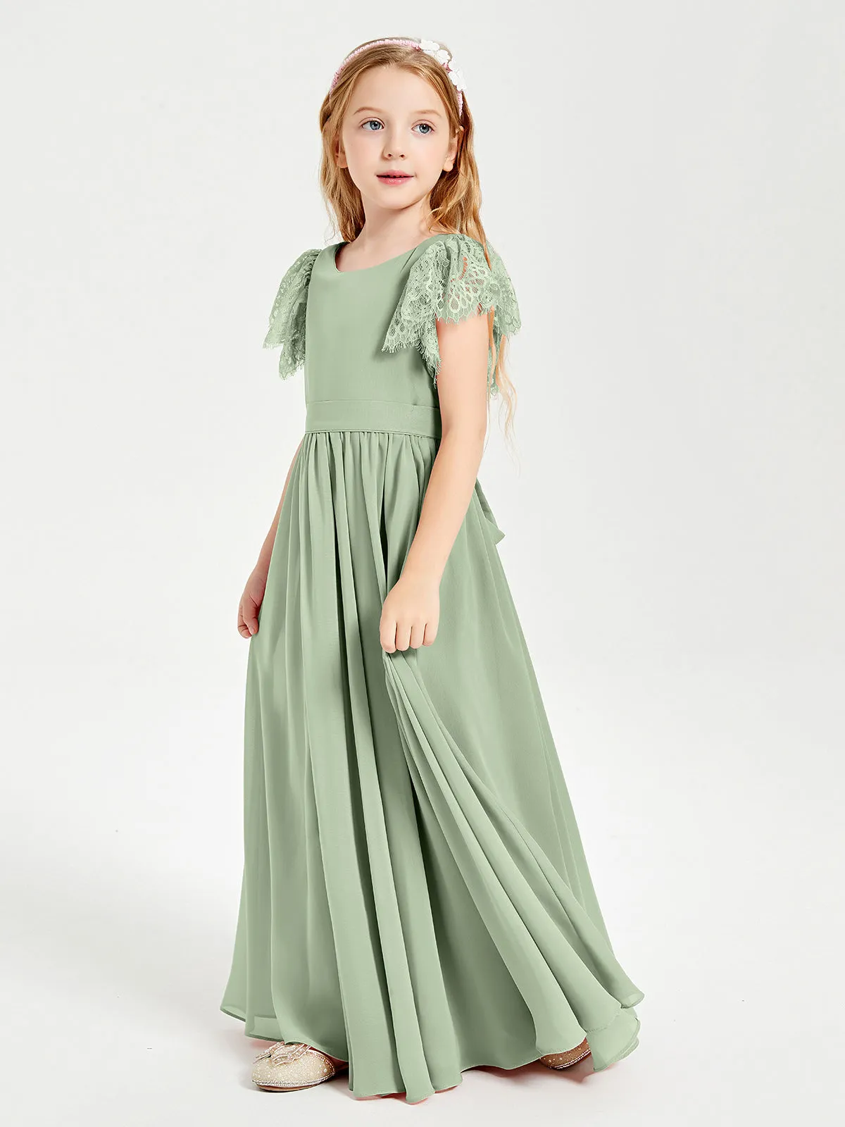 Chiffon Junior Bridesmaid Dresses Lace Flutter Sleeves Scoop Neck Dusty Sage