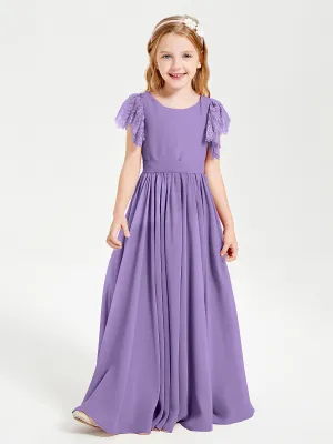 Chiffon Junior Bridesmaid Dresses Lace Flutter Sleeves Scoop Neck Tahiti