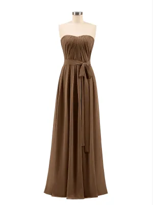 Chiffon Strapless Bridesmaid Gown with Sash-Brown