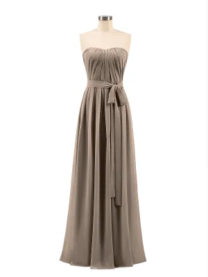 Chiffon Strapless Bridesmaid Gown with Sash-Taupe Plus Size