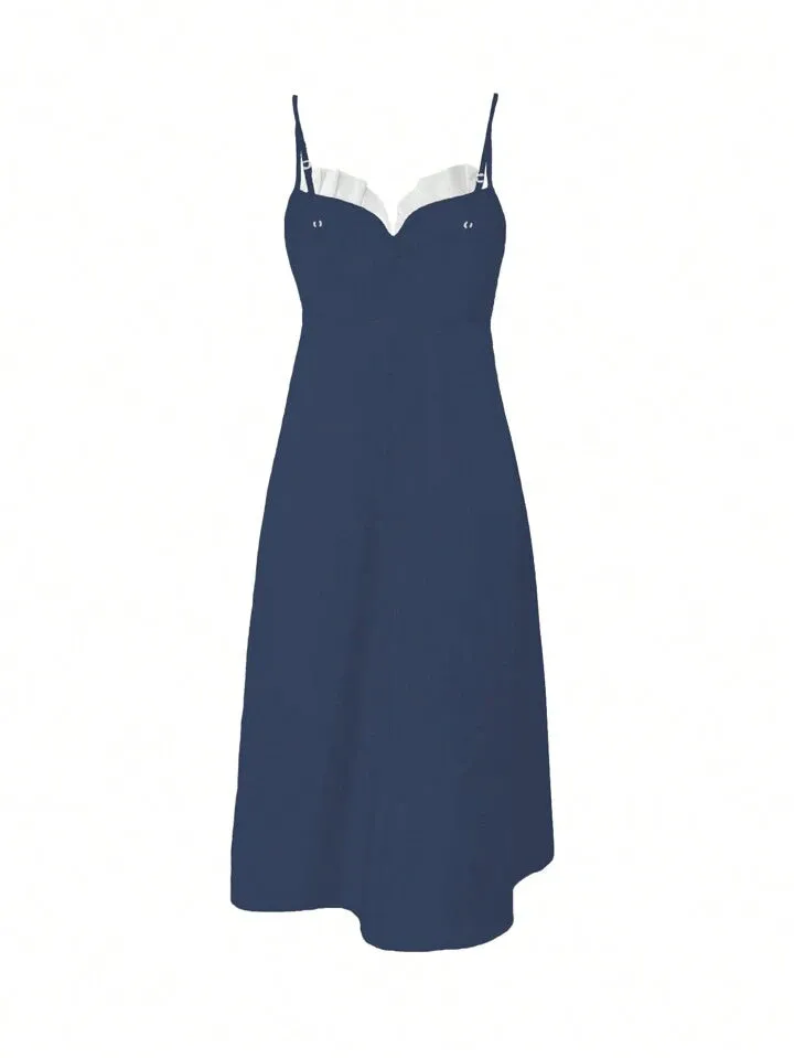 Colorblock sphaghetti strap midi dress in navy