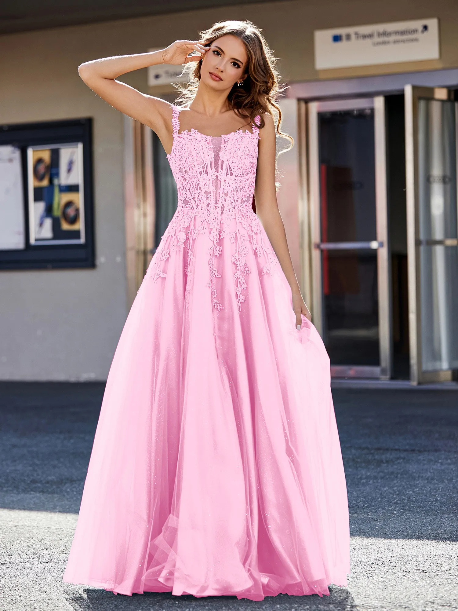 Corset Bodice A Line Tulle Gown Candy Pink