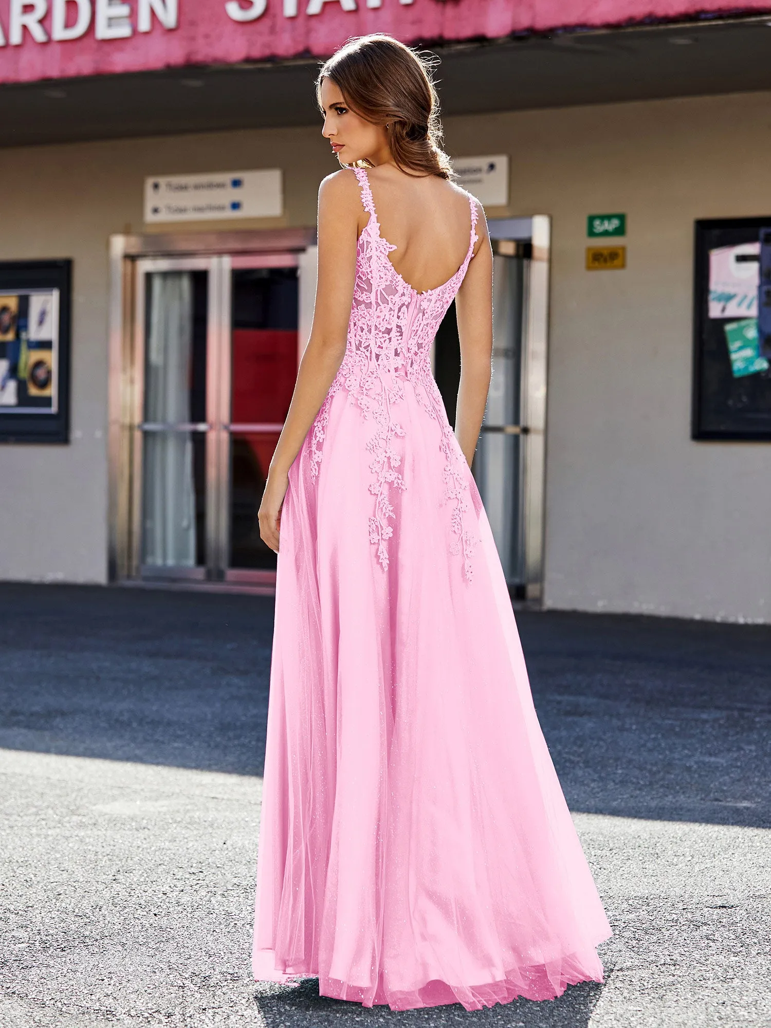 Corset Bodice A Line Tulle Gown Candy Pink