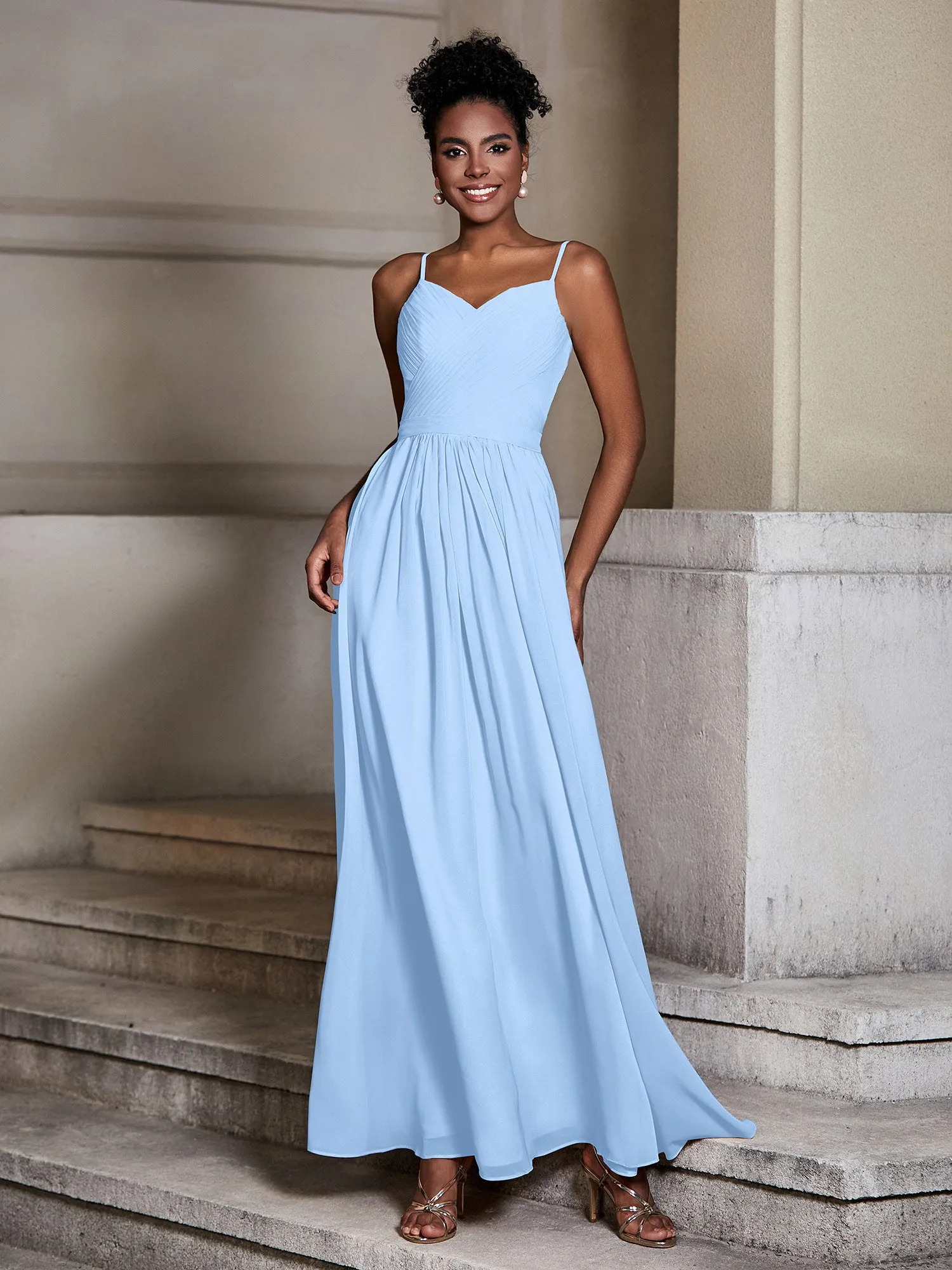 Cross Pleated Bodice Spaghetti Strap Dresses Sky Blue