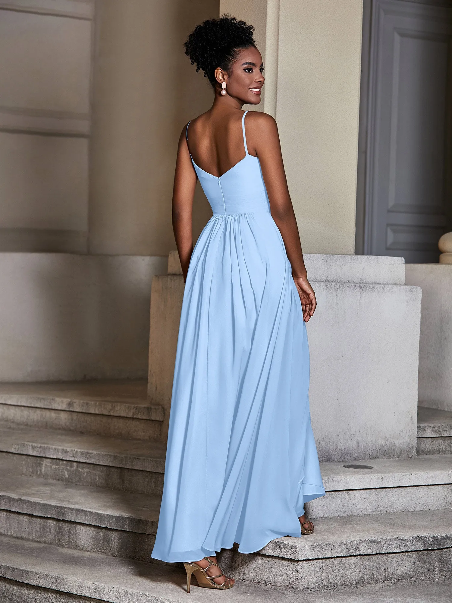 Cross Pleated Bodice Spaghetti Strap Dresses Sky Blue