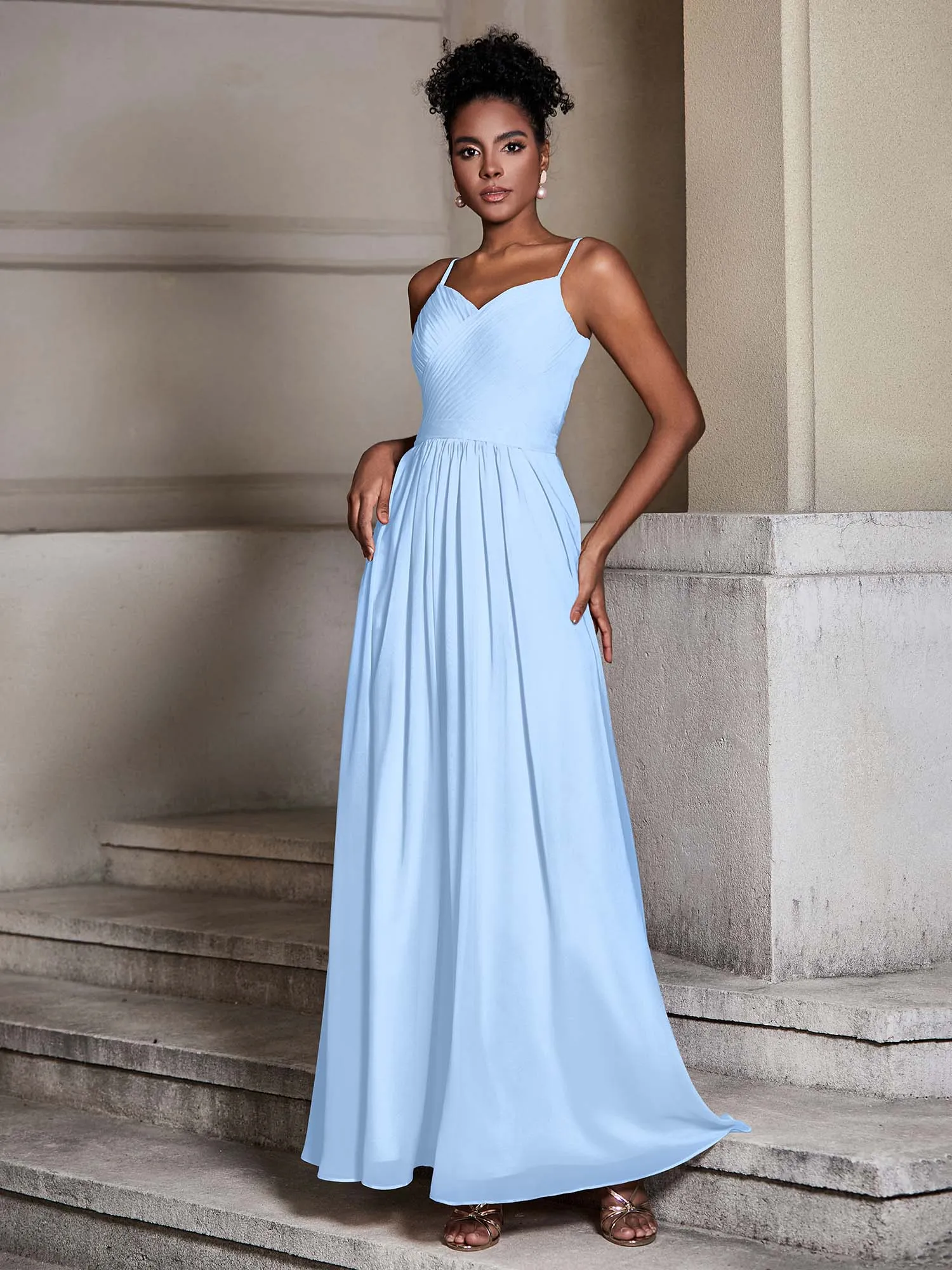 Cross Pleated Bodice Spaghetti Strap Dresses Sky Blue