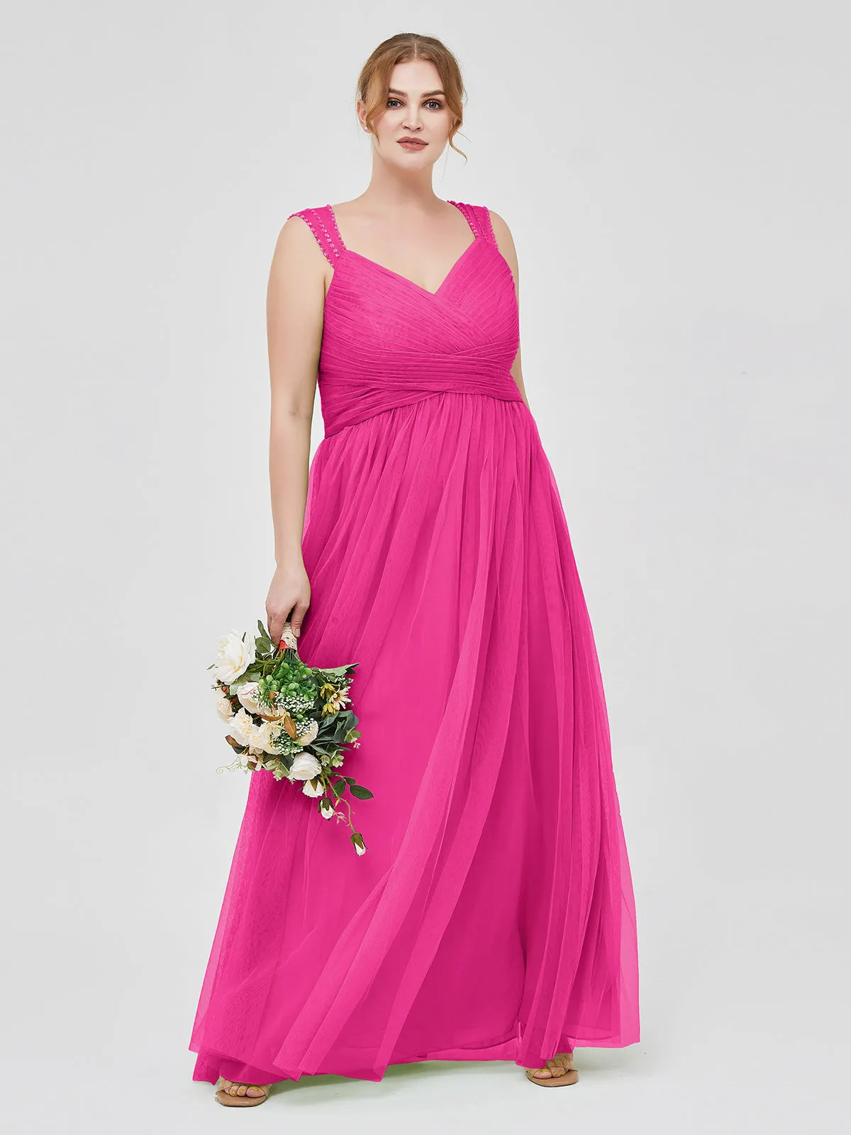 Cross-Pleated Tulle Long Dresses with Beaded Straps Fuchsia Plus Size