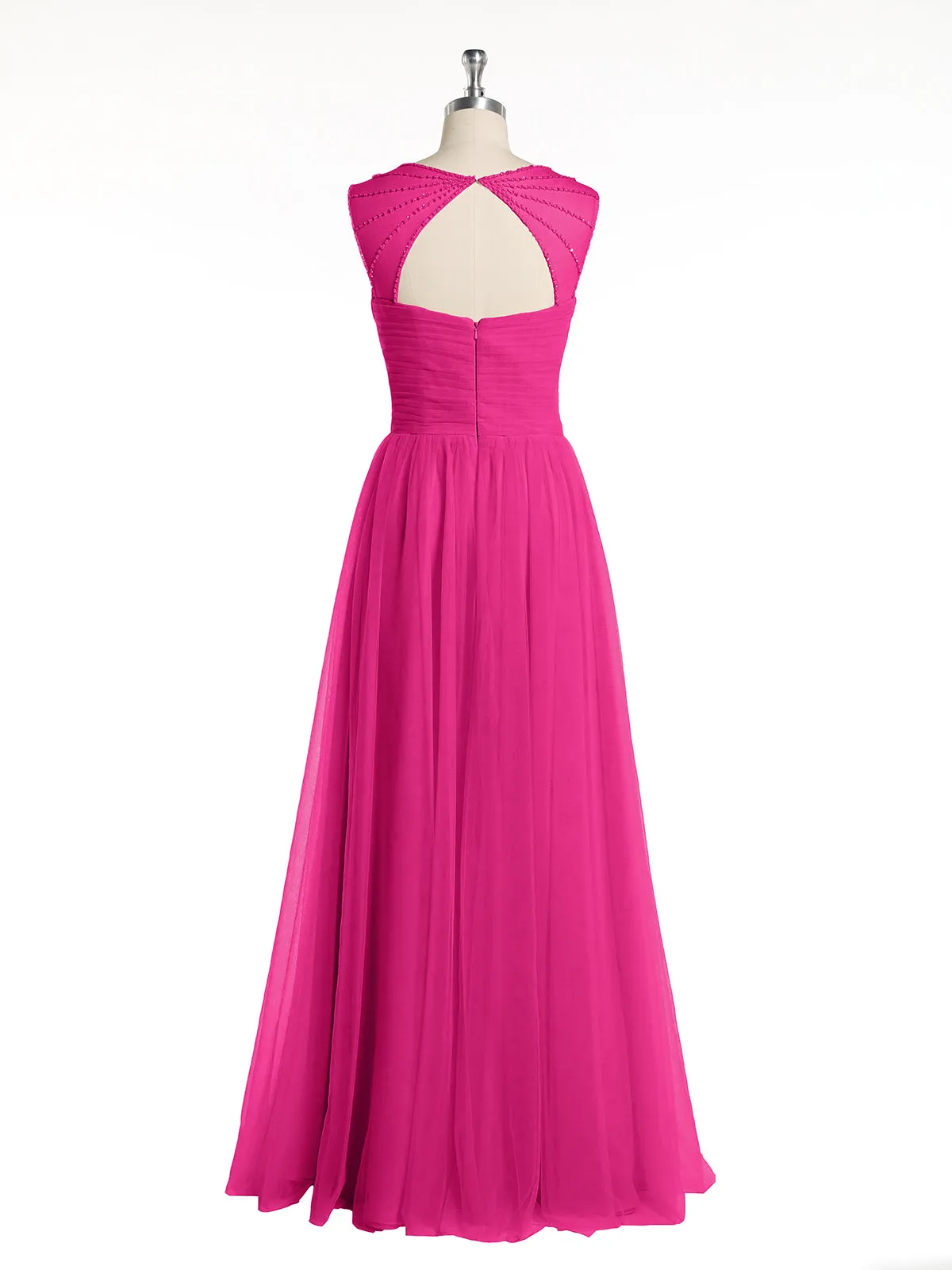 Cross-Pleated Tulle Long Dresses with Beaded Straps Fuchsia Plus Size