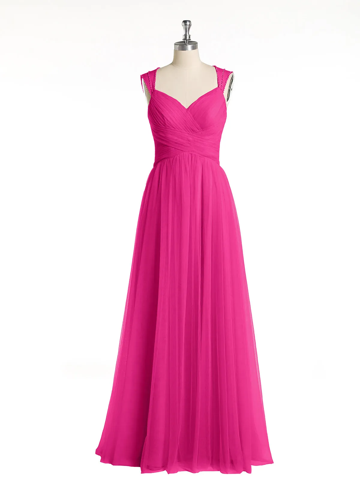 Cross-Pleated Tulle Long Dresses with Beaded Straps Fuchsia Plus Size