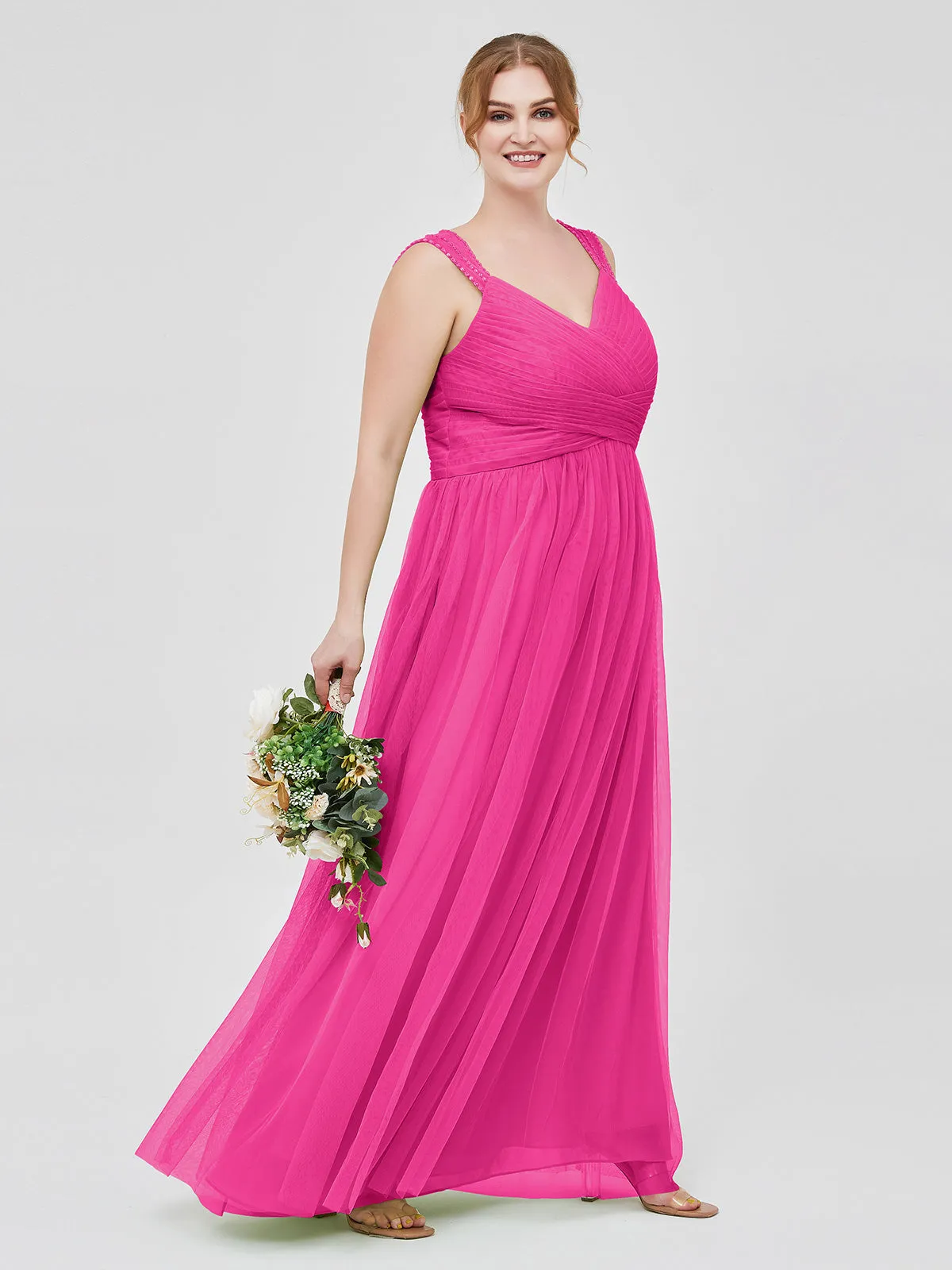 Cross-Pleated Tulle Long Dresses with Beaded Straps Fuchsia Plus Size