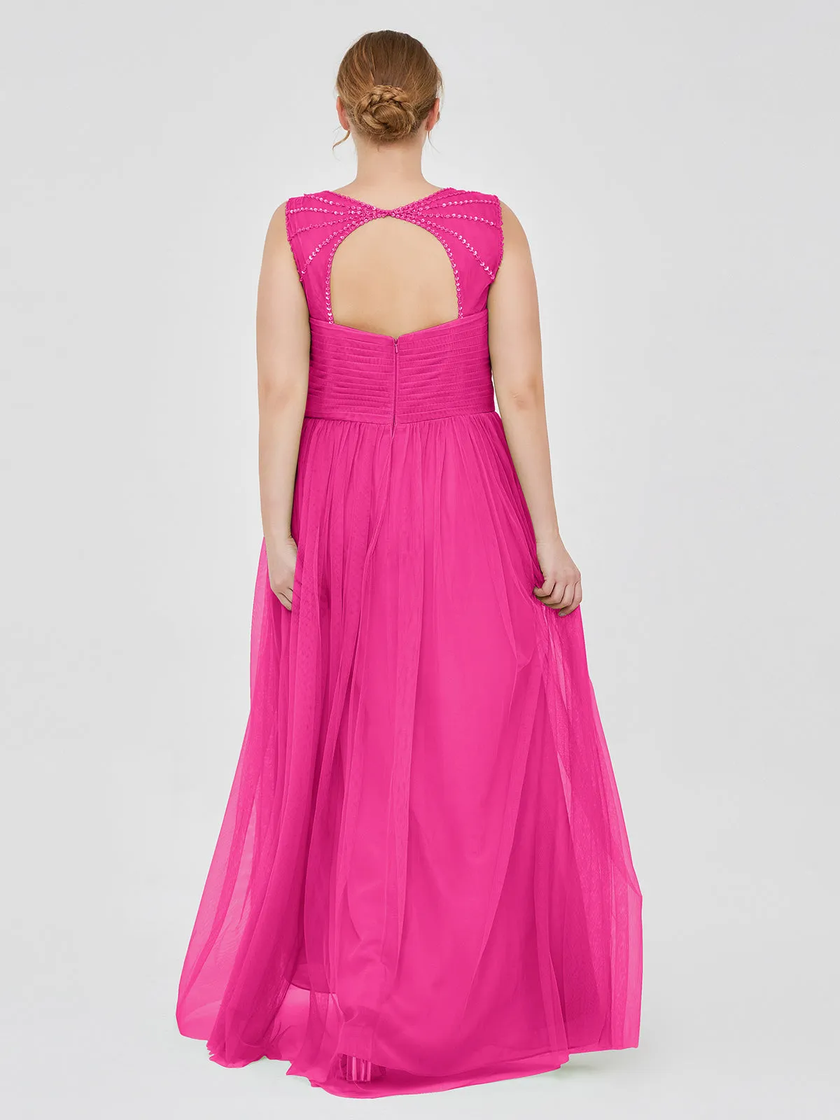 Cross-Pleated Tulle Long Dresses with Beaded Straps Fuchsia Plus Size