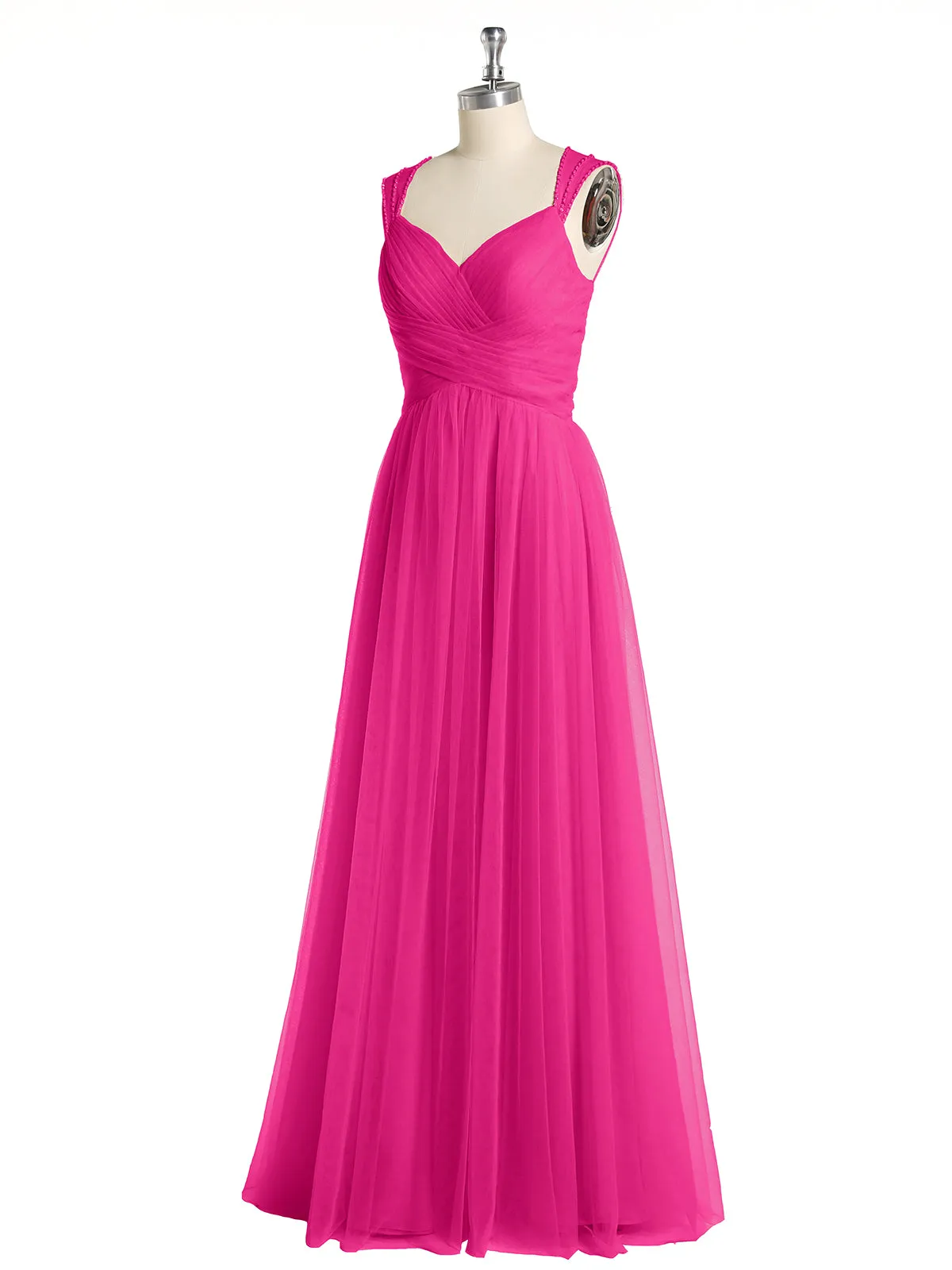 Cross-Pleated Tulle Long Dresses with Beaded Straps Fuchsia Plus Size