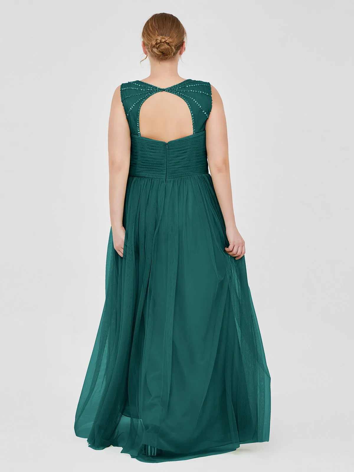 Cross-Pleated Tulle Long Dresses with Beaded Straps Peacock Plus Size