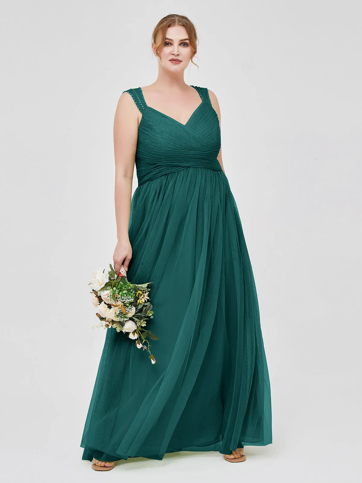 Cross-Pleated Tulle Long Dresses with Beaded Straps Peacock Plus Size