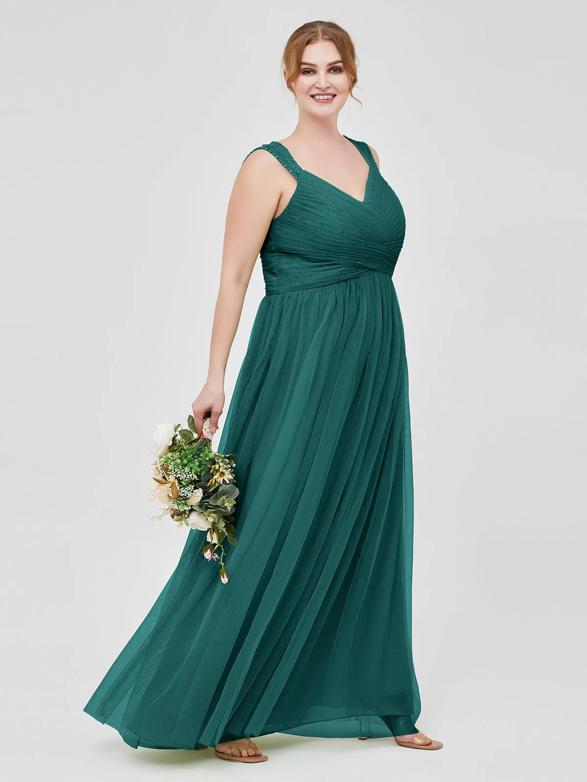 Cross-Pleated Tulle Long Dresses with Beaded Straps Peacock Plus Size