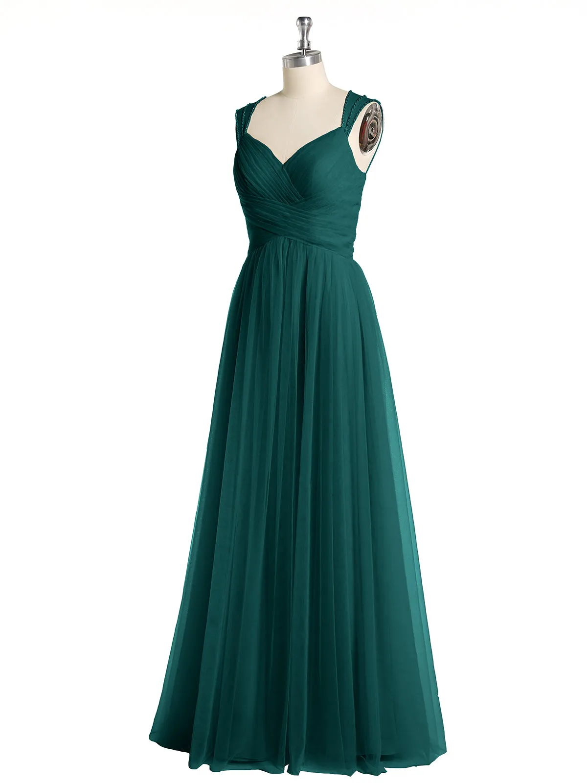 Cross-Pleated Tulle Long Dresses with Beaded Straps Peacock Plus Size