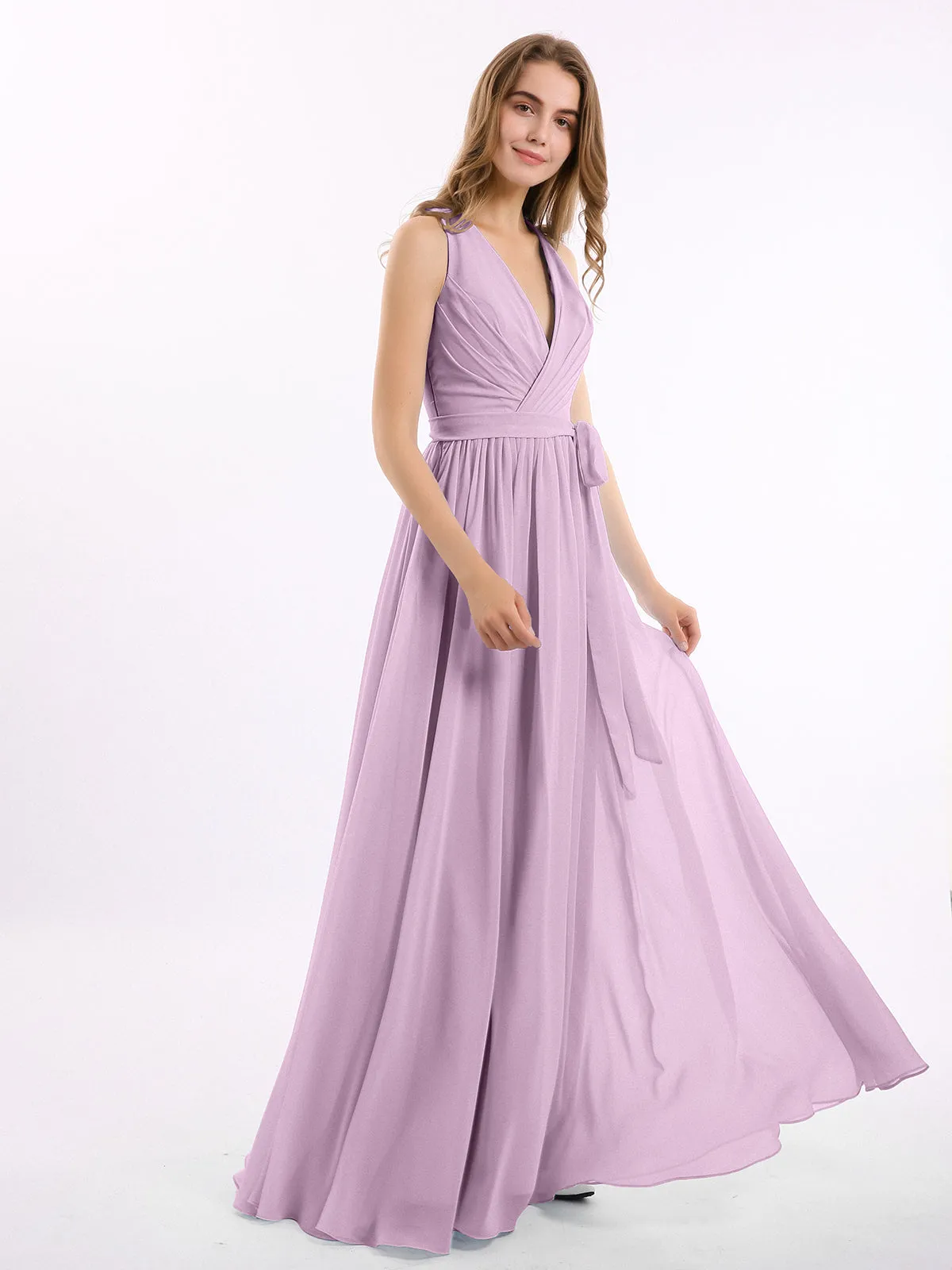 Deep V Neckline Chiffon Dress with Sash Bow Wisteria