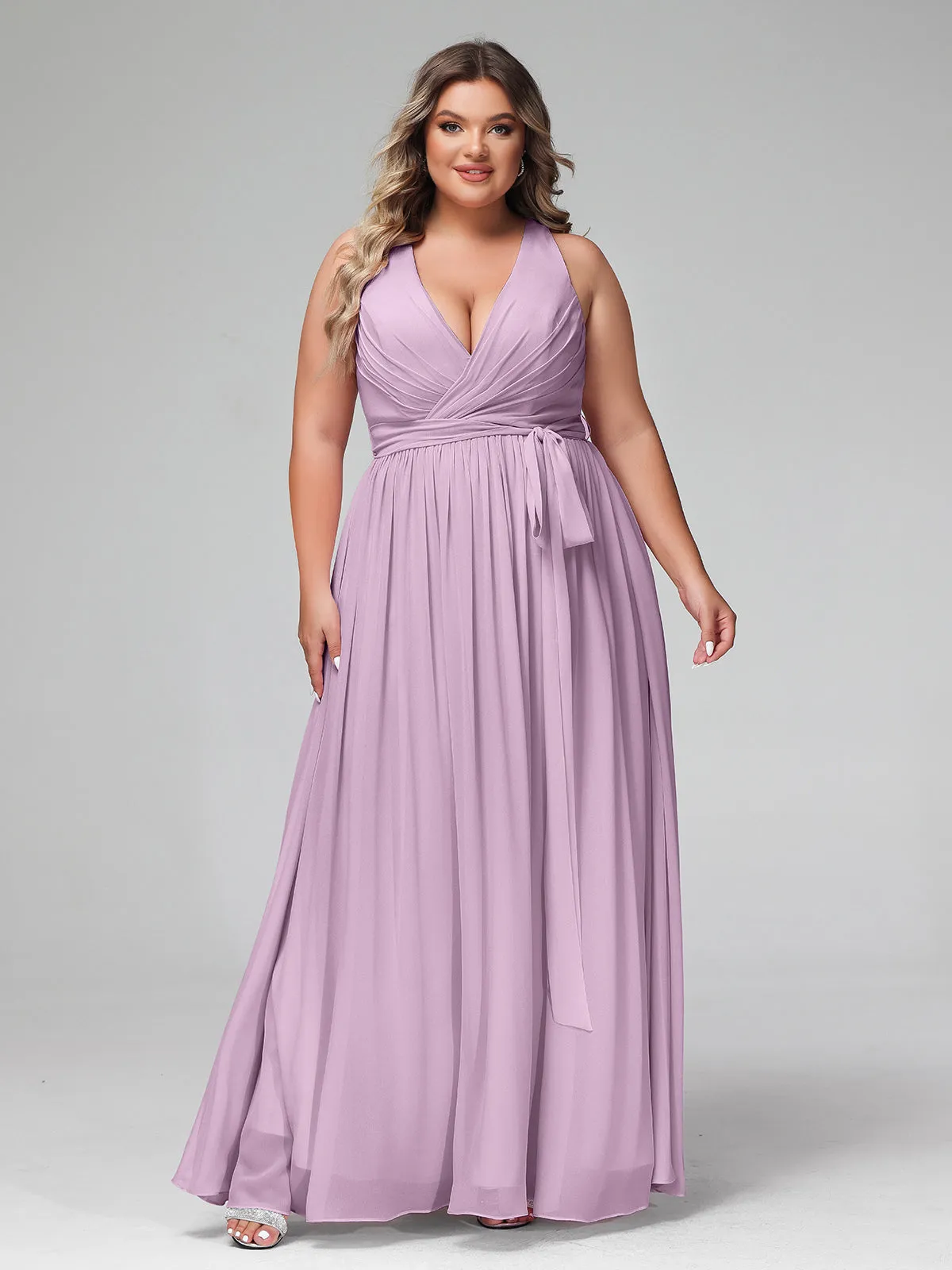 Deep V Neckline Chiffon Dress with Sash Bow Wisteria